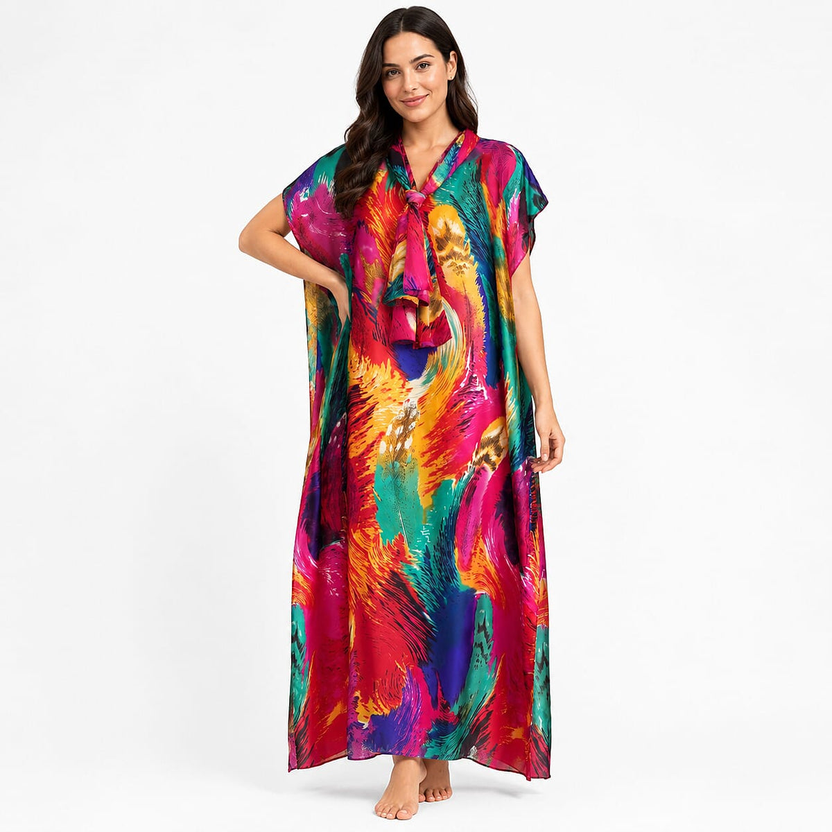 La Marey Multi Color Floral Print Long Kaftan with Scarf (