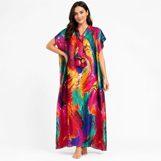 La Marey Multi Color Floral Print Long Kaftan with Scarf (