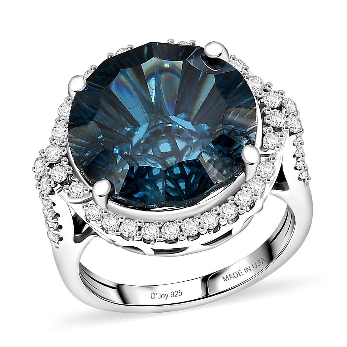 Certified and Appraised D''Joy Premium London Blue Topaz, Moissanite Ring in Rhodium Over Sterling Silver (Size 10.0) 13.20 ctw