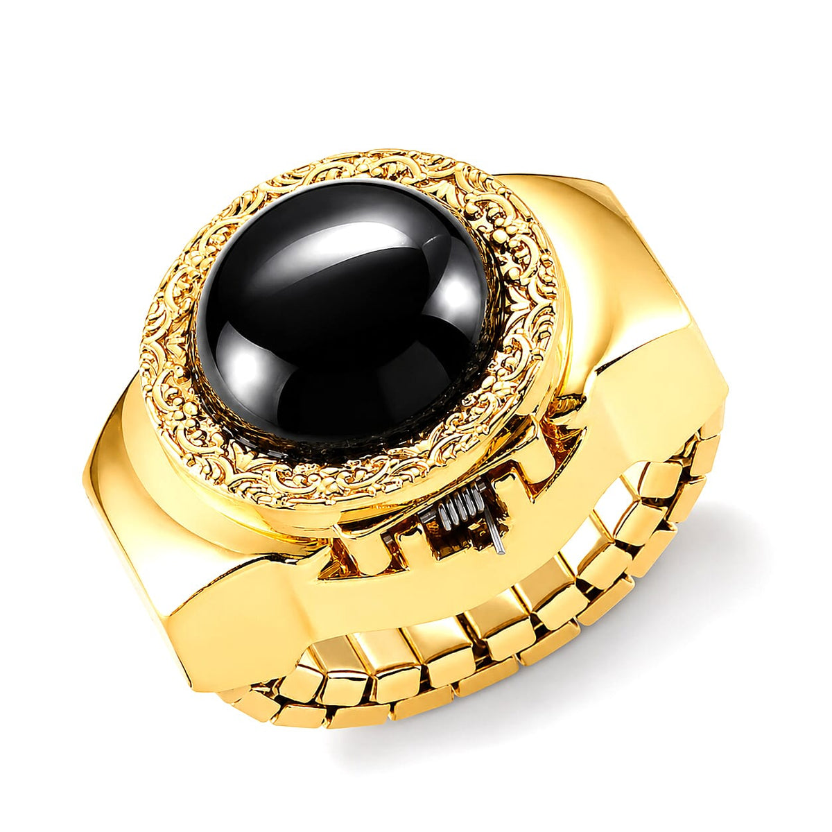 Strada Black Obsidian Japanese Movement Ring Watch with ION Plated YG Stainless Steel Strap (Size 5-7) 5.00 ctw