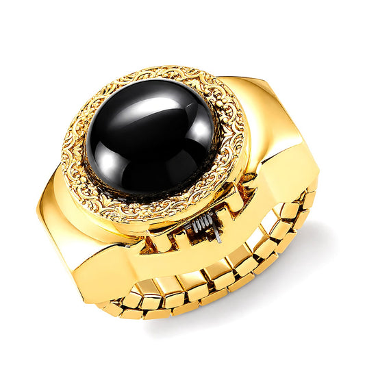 Strada Black Obsidian Japanese Movement Ring Watch with ION Plated YG Stainless Steel Strap (Size 5-7) 5.00 ctw