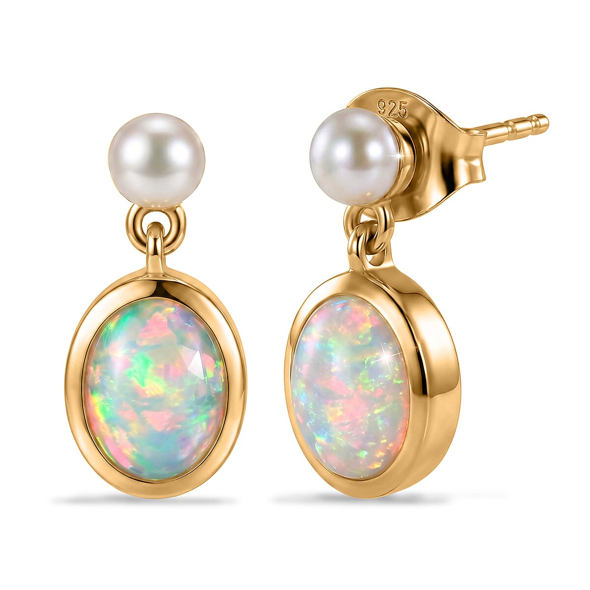 D''Joy AAA Ethiopian Welo Opal, Freshwater Pearl Earrings in 18K YG Over Sterling Silver 1.90 ctw