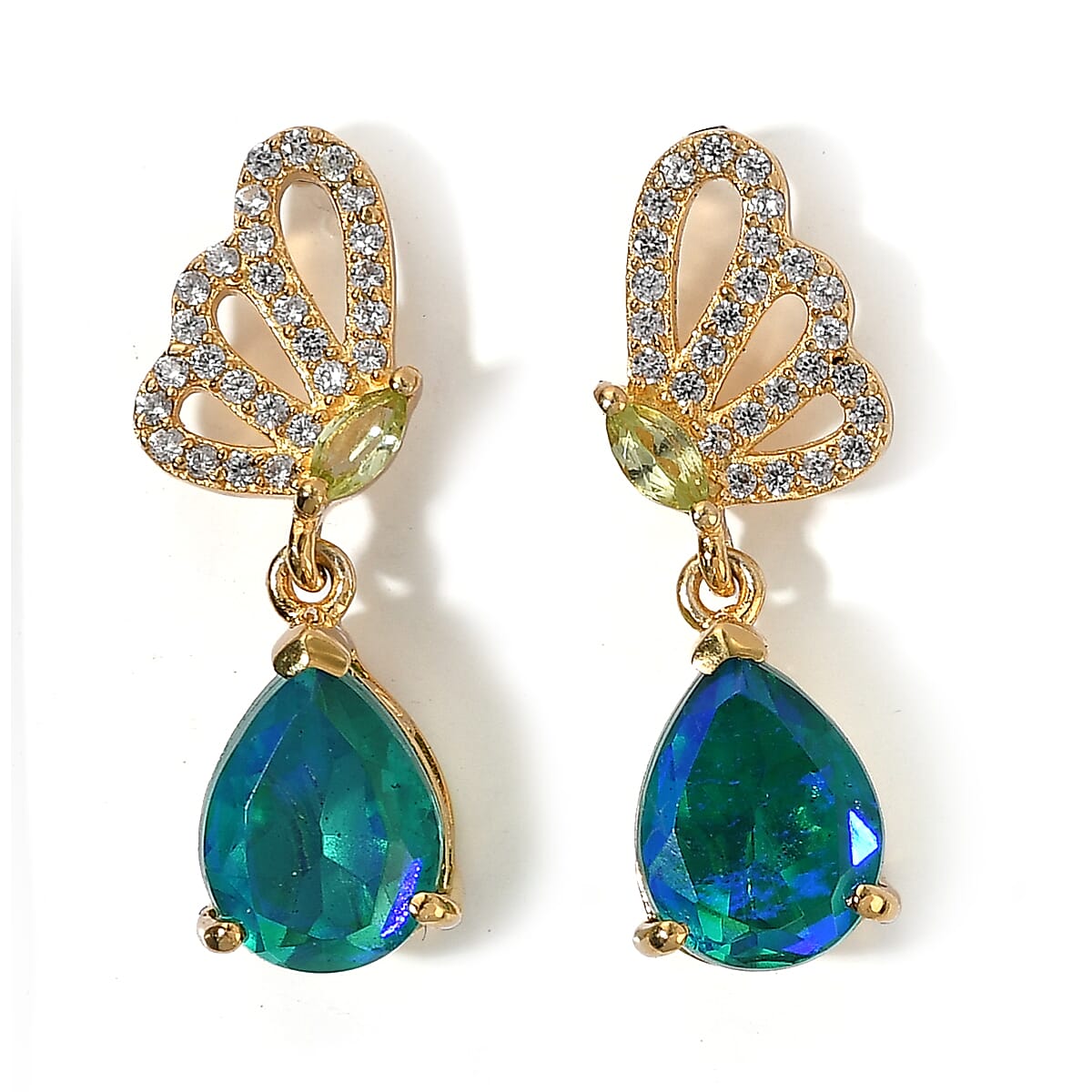 EverTrue Premium Peacock Quartz, Multi Gemstone Butterfly Earrings in 18K YG Plated 4.15 ctw