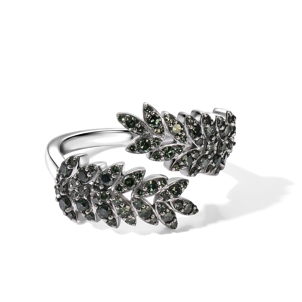 Luxuriant Lab Grown Green Diamond (IR) (SI) Verdant Leaf Wrap Ring in Rhodium Over Sterling Silver (Size 10.0) 1.00 ctw
