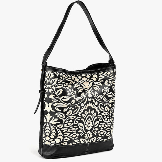 La Marey Black Genuine Leather with Front Panel Digital Print Tote Bag