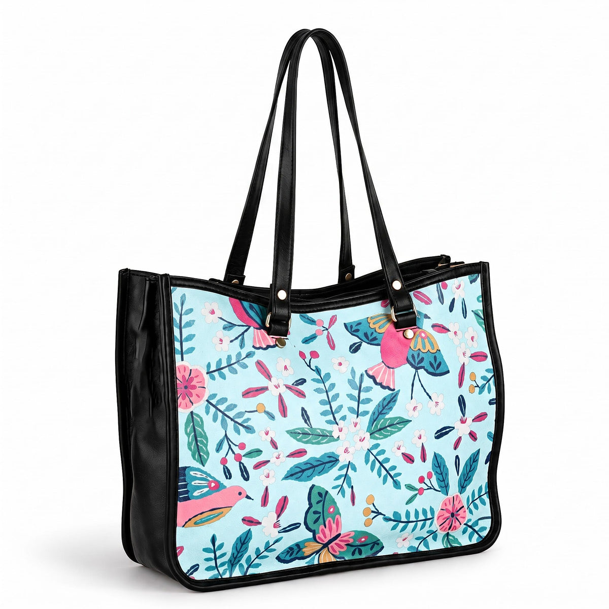 La Marey Blue Genuine Leather with Front Panel Digital Print Tote Bag