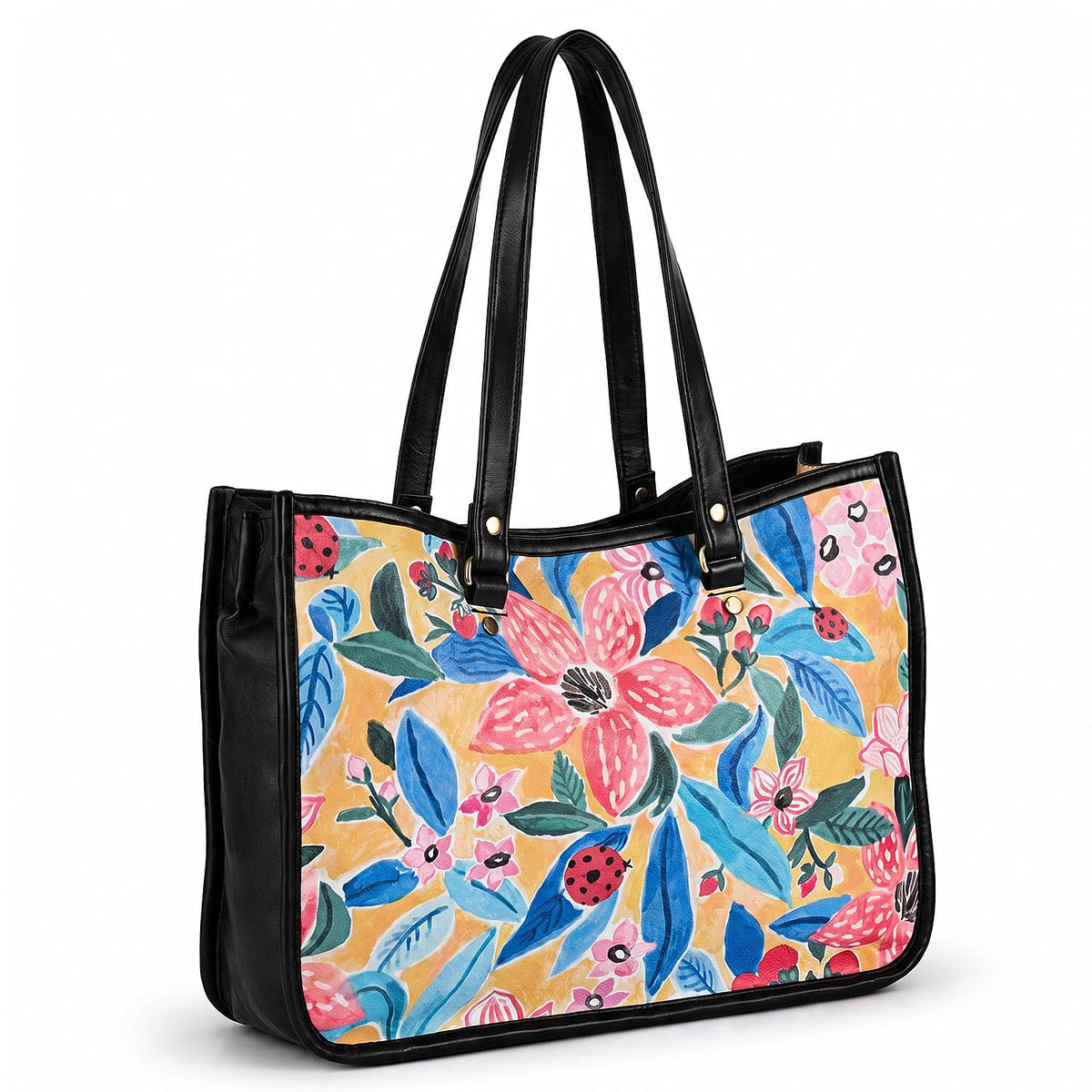 La Marey Blue Genuine Leather with Front Panel Digital Print Tote Bag
