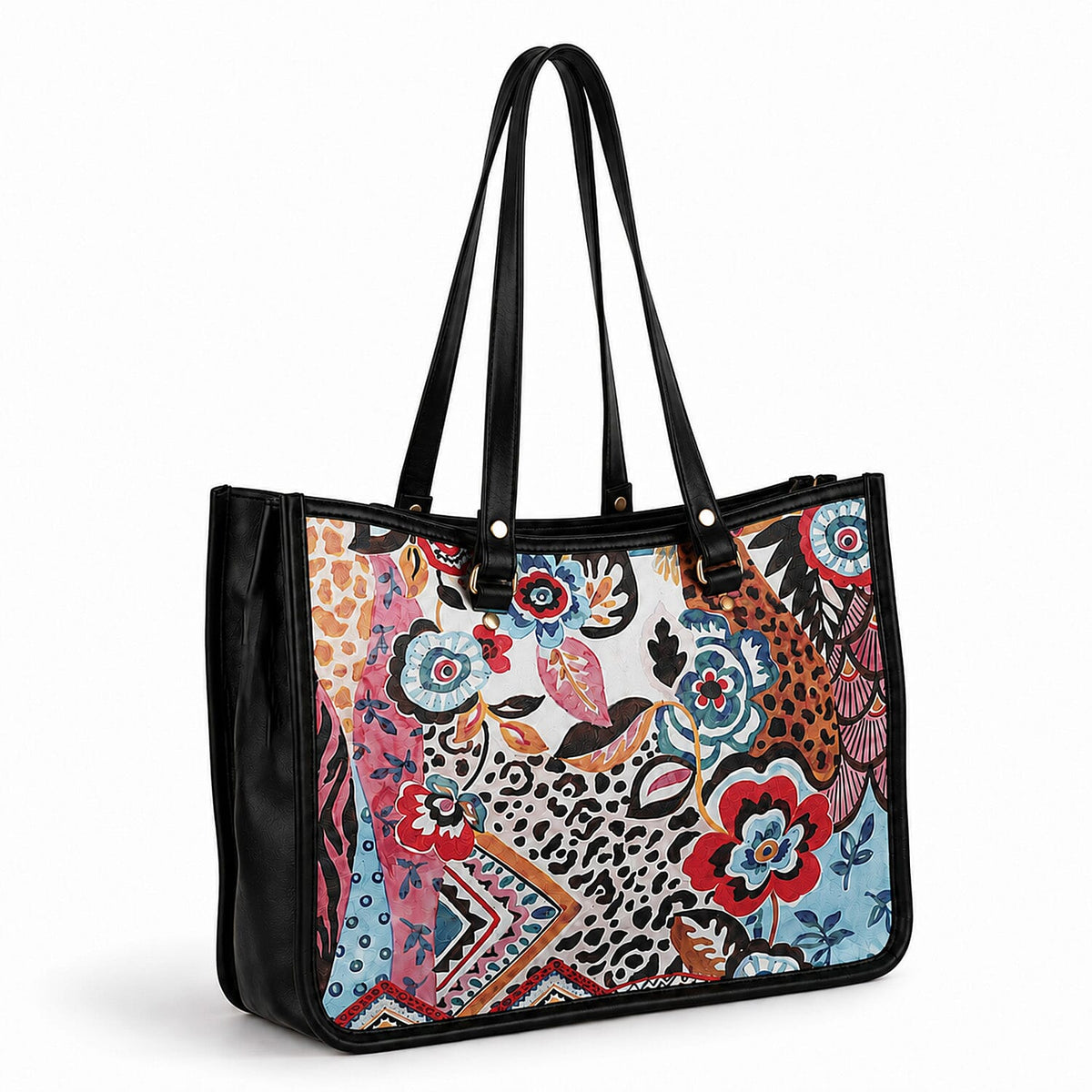 La Marey Blue Genuine Leather with Front Panel Digital Print Tote Bag