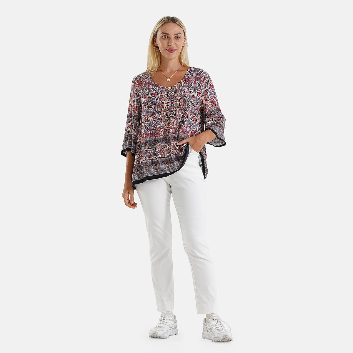 La Marey Blue Round Neck Printed Blouse-One Size Fits Most
