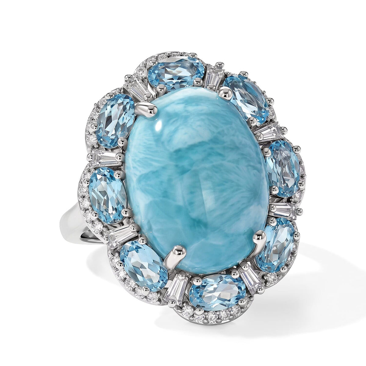 D'Joy AAA Larimar and Multi Gemstone 14.00 ctw Ring in Rhodium Over Sterling Silver (Size 8.0)