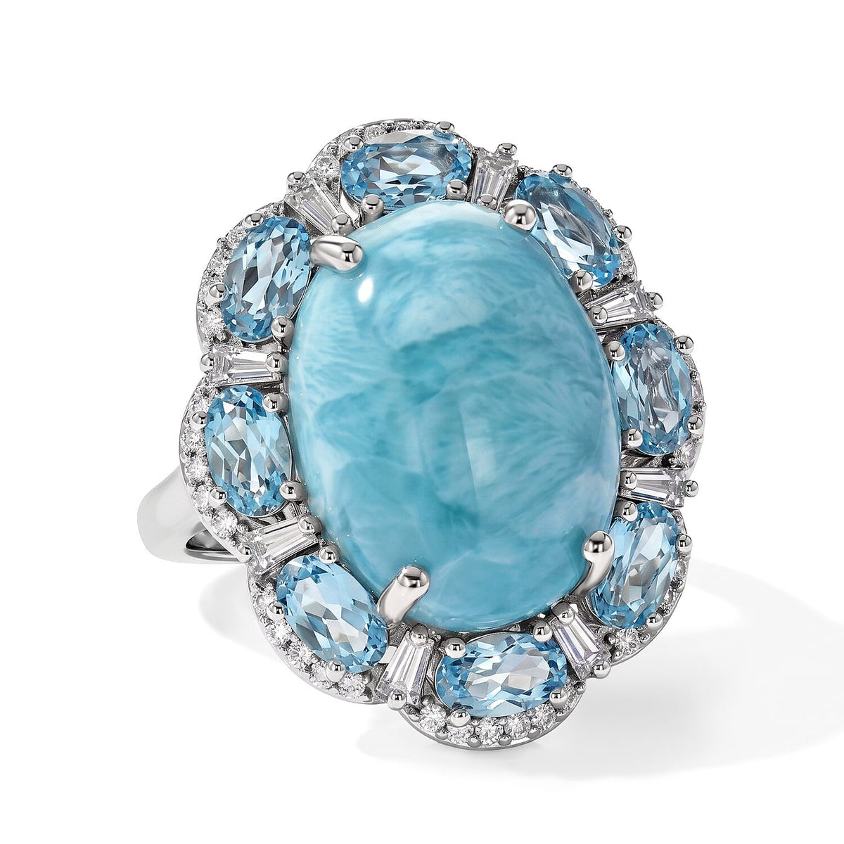 D'Joy AAA Larimar and Multi Gemstone 14.00 ctw Ring in Rhodium Over Sterling Silver (Size 8.0)