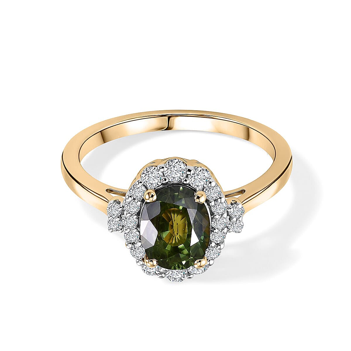 Certified & Appraised 10K Yellow Gold AAA Milanoa Green Sapphire, Luxuriant Lab Grown Diamond (G-H, SI) (0.34 cts) Ring (Size 10.5) 2.10 ctw.