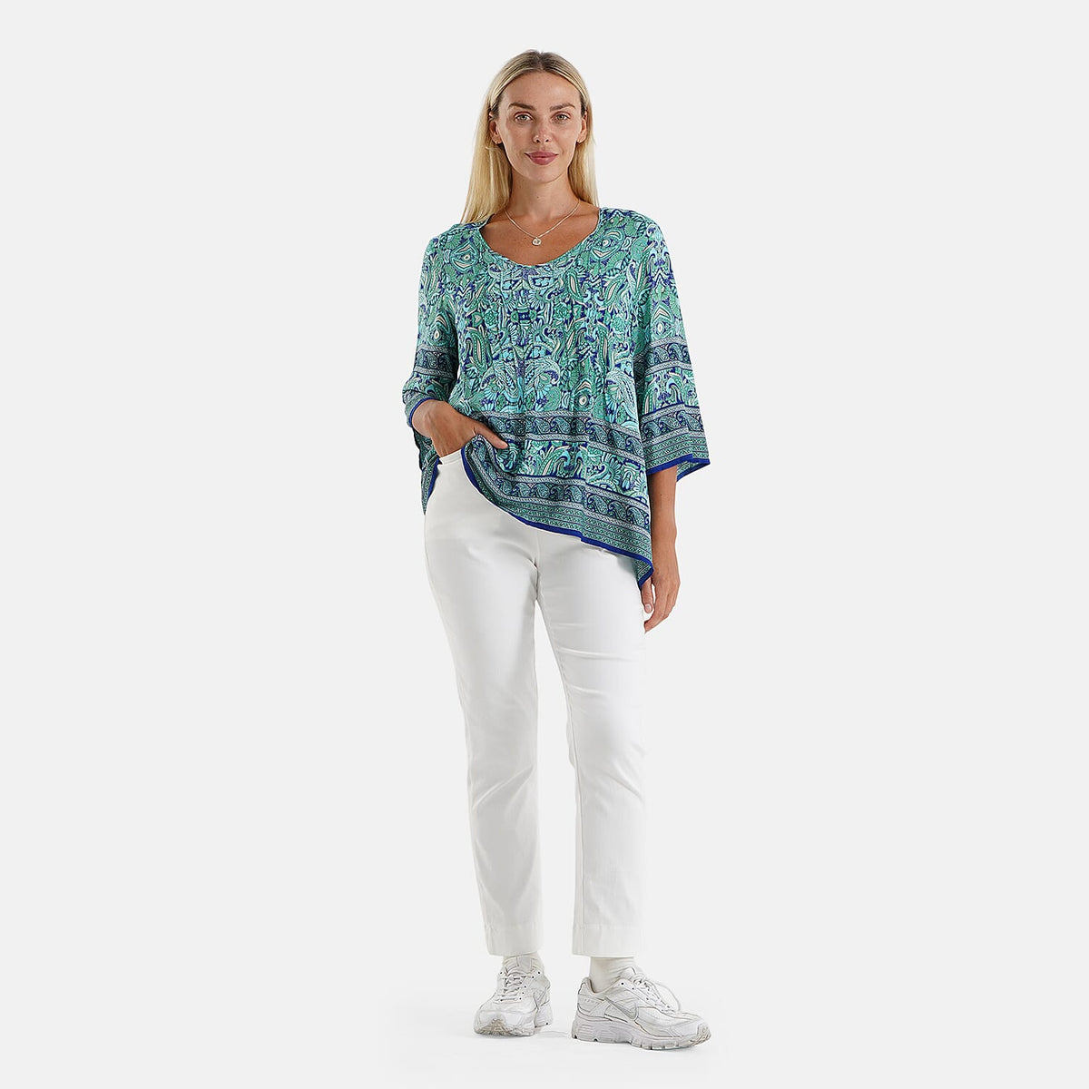 La Marey Blue Round Neck Printed Blouse-One Size Fits Most