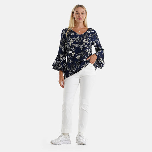 La Marey Blue Round Neck Printed Blouse-One Size