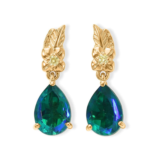 EverTrue Peacock Quartz, Hebei Peridot Royal Blossom Feather Earring in 18K YG Plated 4.50 ctw