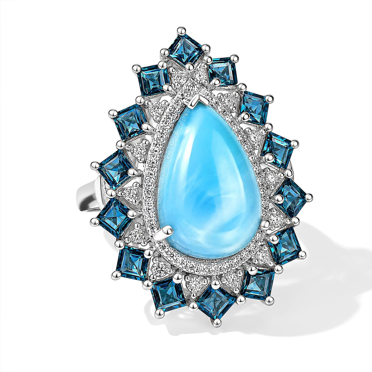 D''Joy AAA Larimar and Multi Gemstone 10.70 ctw Ring in Rhodium Over Sterling Silver (Size 6.0)
