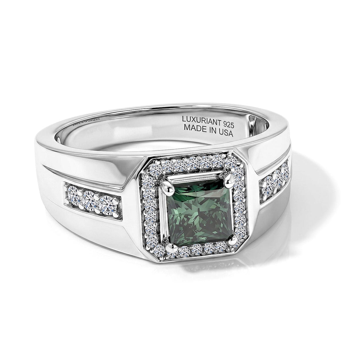Luxuriant Lab Grown Green and White Diamond (SI) Men's Ring in Rhodium Over Sterling Silver (Size 10.0) 1.35 ctw