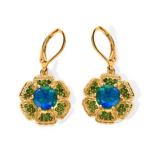EverTrue Peacock Triplet Quartz, Chrome Diopside Earrings in 18K YG Plated 5.70 ctw