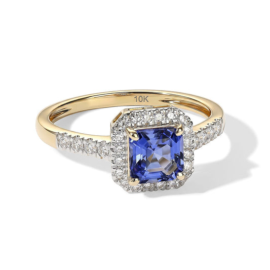 10K Yellow Gold Asscher Cut Premium Tanzanite, Luxuriant Lab Grown Diamond (G-H, SI) (0.23 cts) Ring (Size 10.0) 0.75 ctw