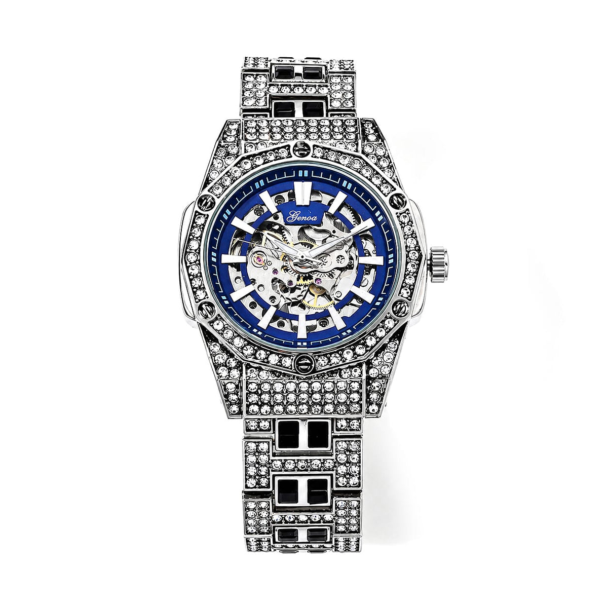 Genoa Austrian White and Black Crystal Automatic Mechanical Dondong Movement Watch with Stainless Steel Strap