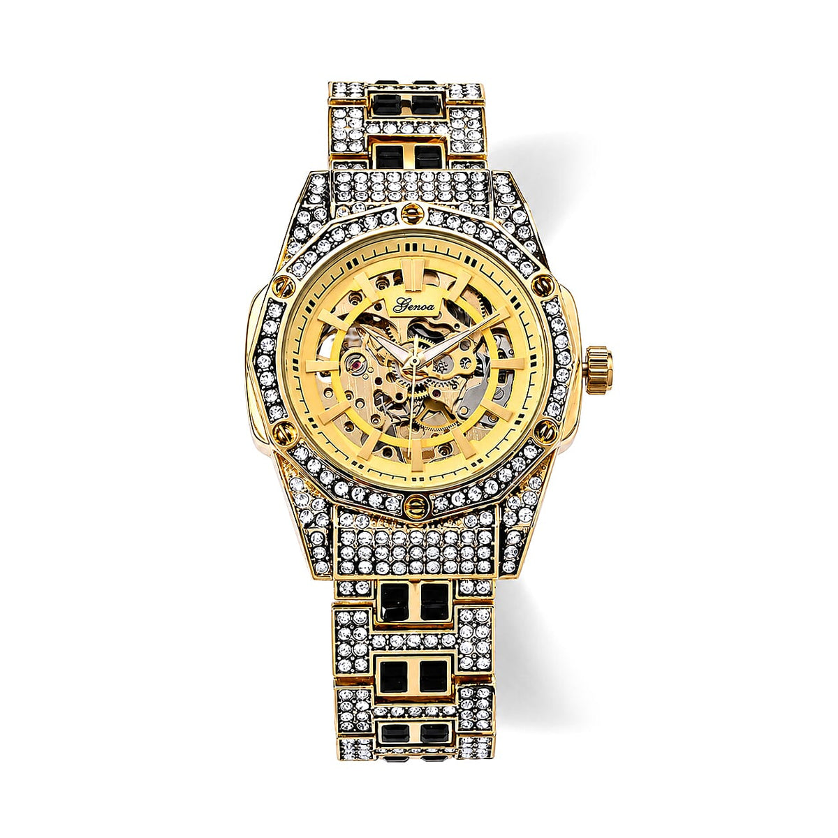Genoa Austrian White and Black Crystal Automatic Mechanical Dondong Movement Watch with Stainless Steel Strap