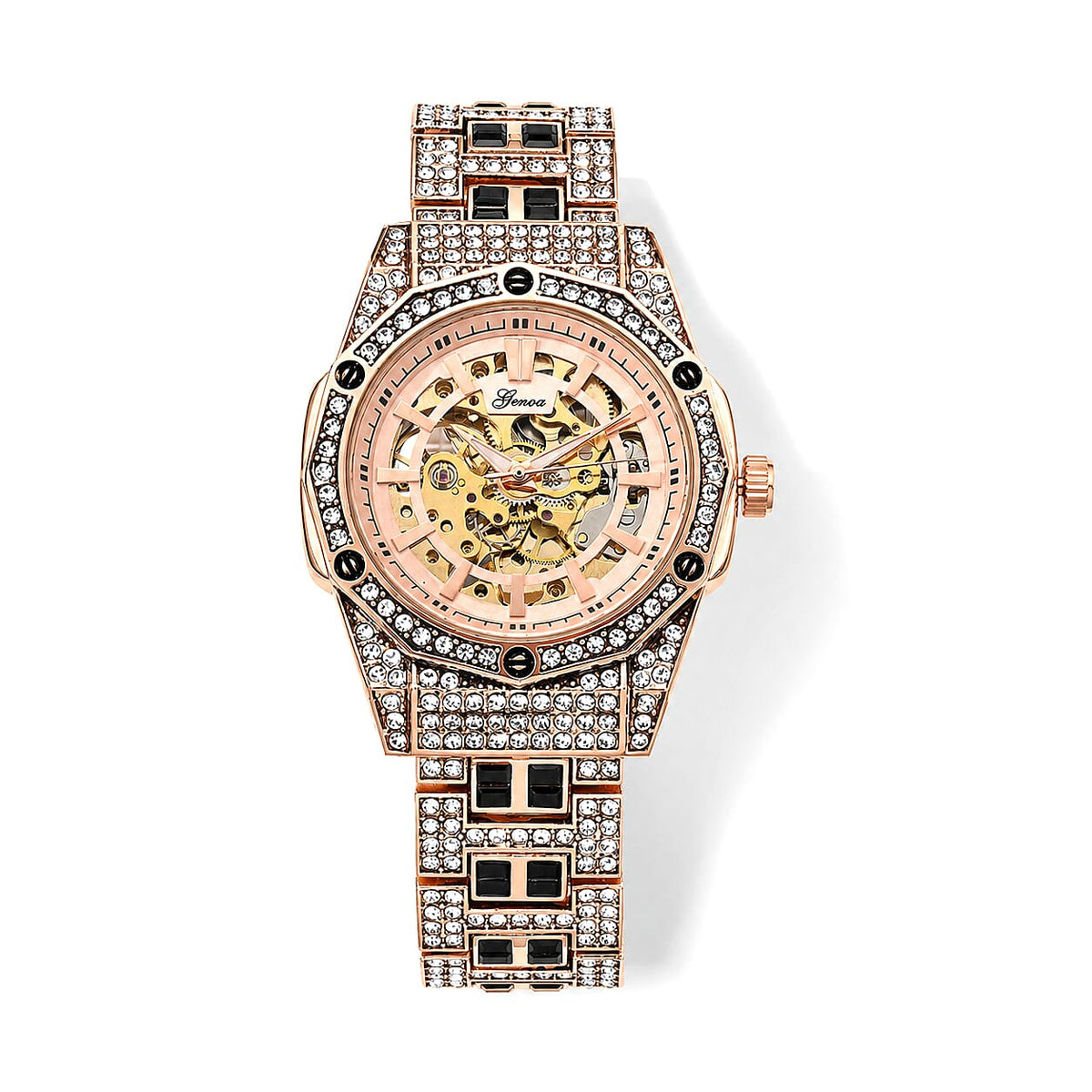 Genoa Austrian White and Black Crystal Automatic Mechanical Dondong Movement Watch with Stainless Steel Strap