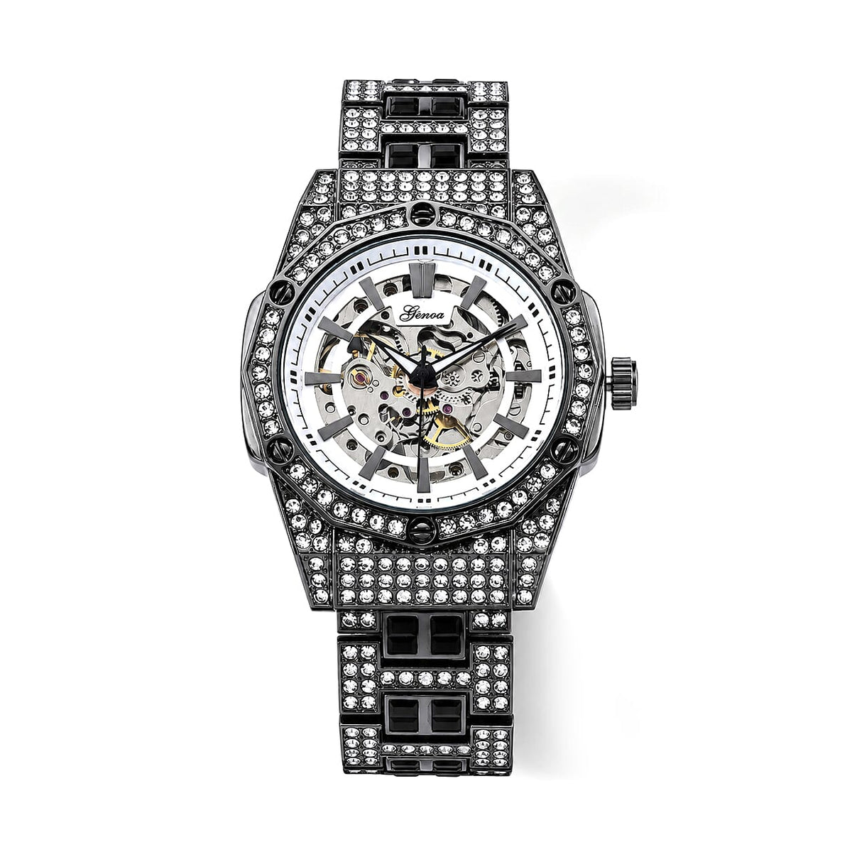 Genoa Austrian White and Black Crystal Automatic Mechanical Dondong Movement Watch with Stainless Steel Strap