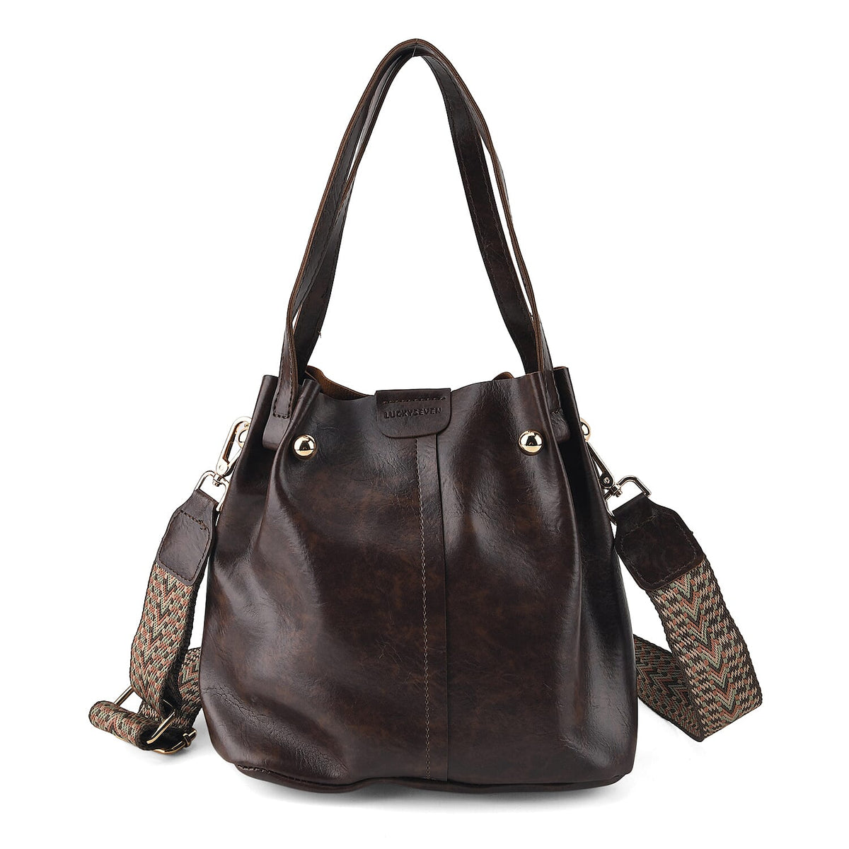 Coffee Genuine Leather Bag (8.66"x5.12"x8.27") with Woven Shoulder Strap