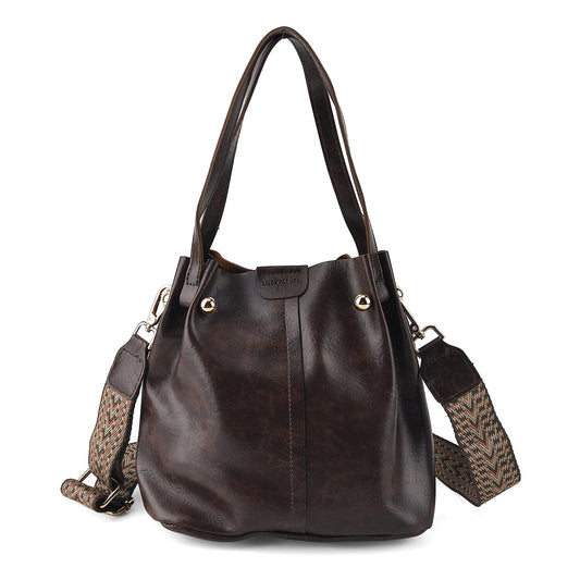 Coffee Genuine Leather Bag (8.66"x5.12"x8.27") with Woven Shoulder Strap