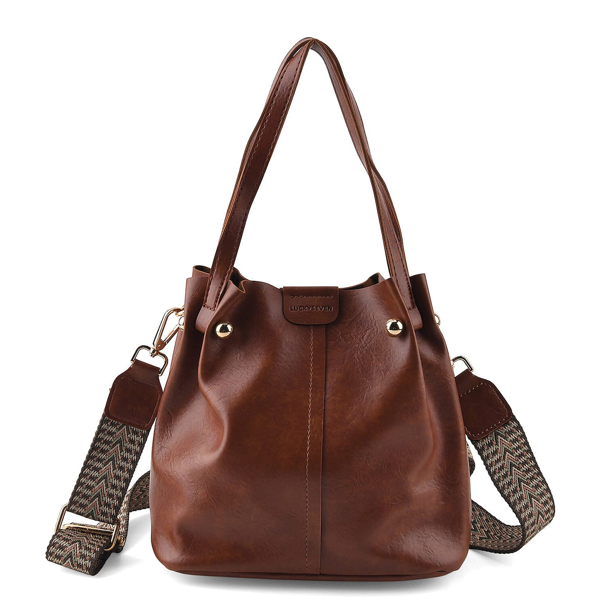 Coffee Genuine Leather Bag (8.66"x5.12"x8.27") with Woven Shoulder Strap