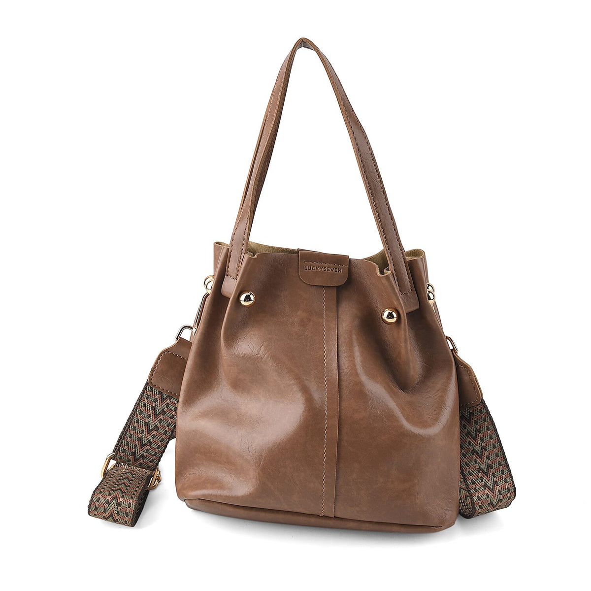 Coffee Genuine Leather Bag (8.66"x5.12"x8.27") with Woven Shoulder Strap
