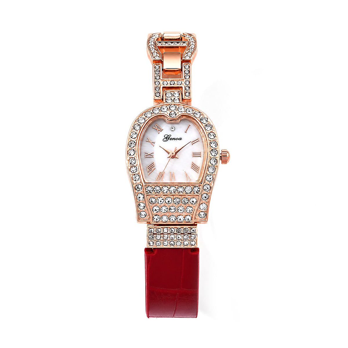 Genoa Austrian Crystal SL68 Quartz Movement Watch with Red Leather Strap