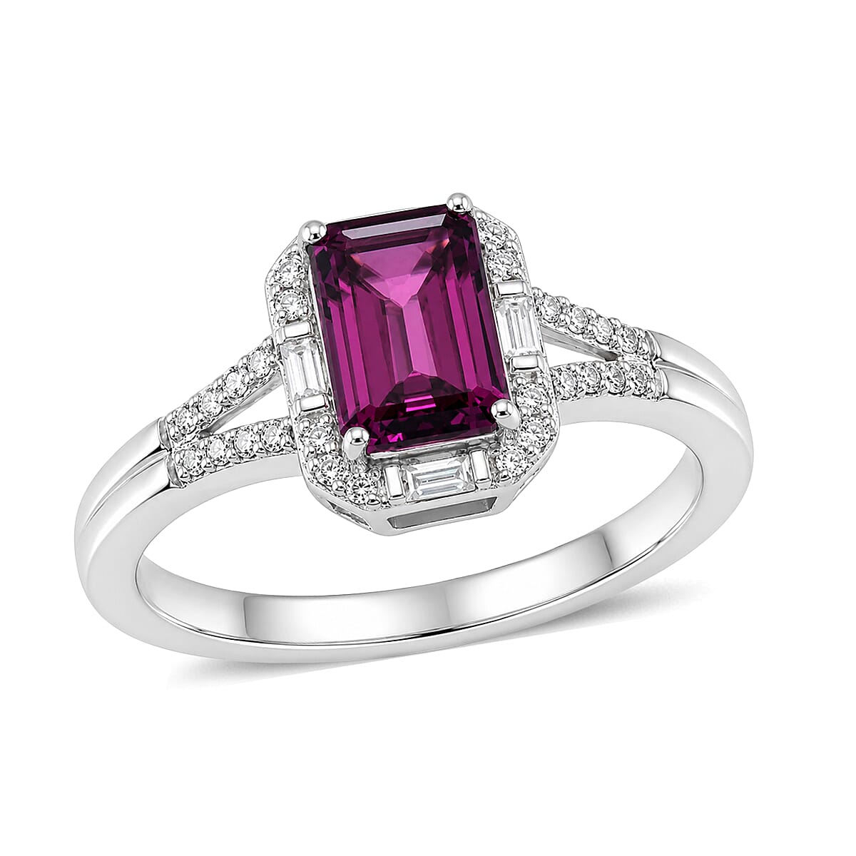 D'Joy Radiant Ember Garnet , Moissanite Main Stone With Side Stone Ring in Rhodium OverSterling Silver 1.22 ctw 8621554