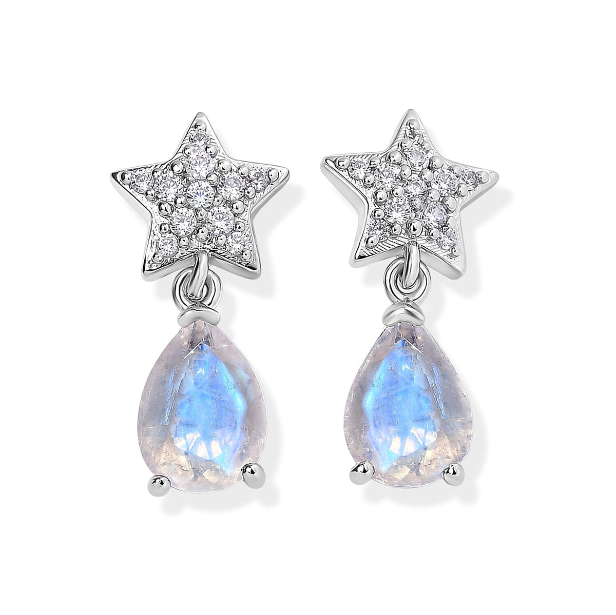 EverTrue Rainbow Moonstone and White Zircon 2.40 ctw Dangling Earrings in Platinum Bond
