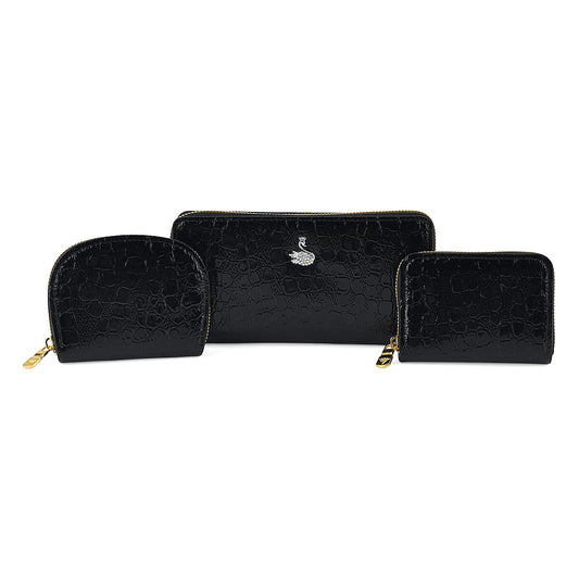 La Marey Black Crocodile Pattern Faux Leather 3pcs Wallet Gifts Set - Wallet, Card Bag and Curved Card Bag