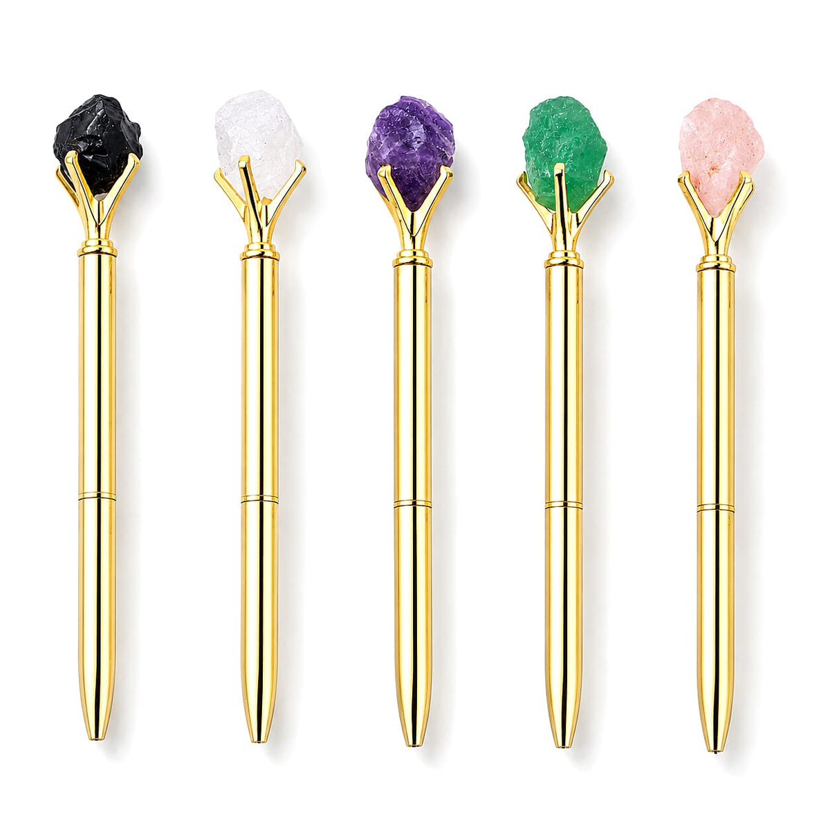 La Marey Silver Set of 5 Gemstone Pens (Amethyst, Rose Quartz, Green Flourite, Clear Quartz and Black Obsidian)