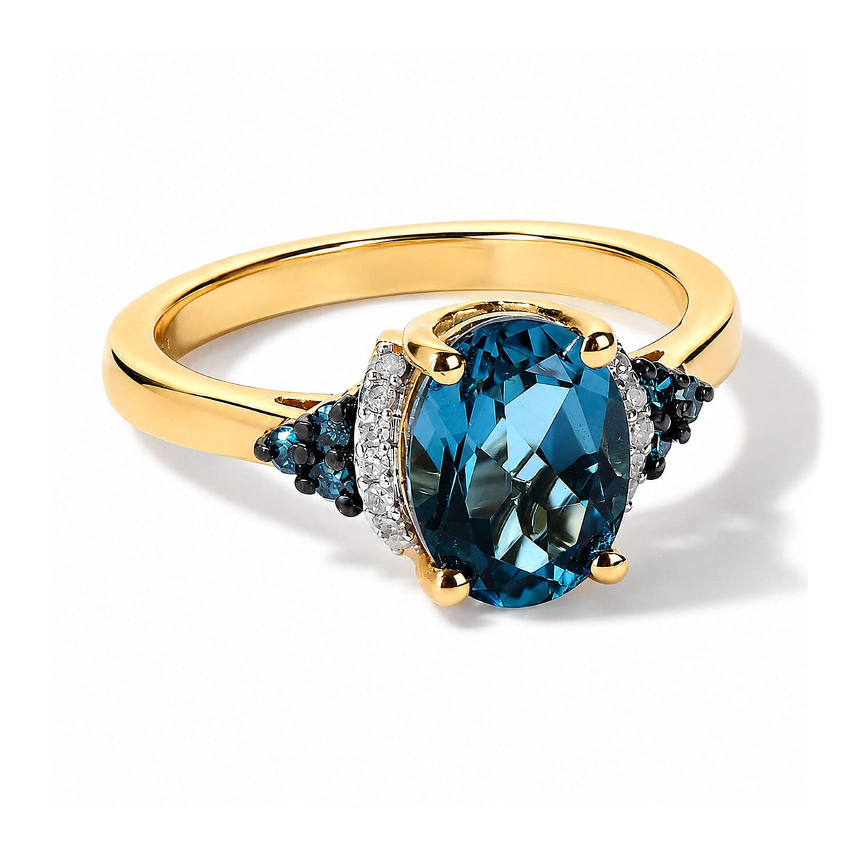 D''Joy London Blue Topaz, Blue and White Diamond 2.40 ctw Ring in 18K Vermeil Yellow Gold and Rhodium Over Sterling Silver (Size 10.0)