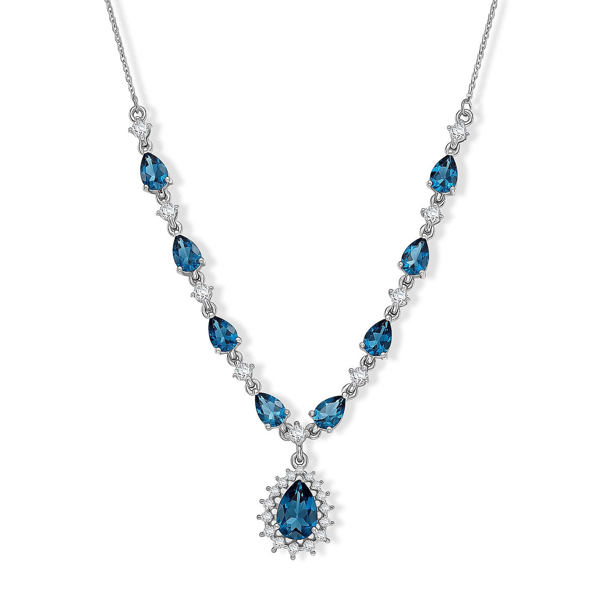 D''Joy Premium London Blue Topaz and Moissanite 5.90 ctw Necklace in Rhodium Over Sterling Silver 18 Inches