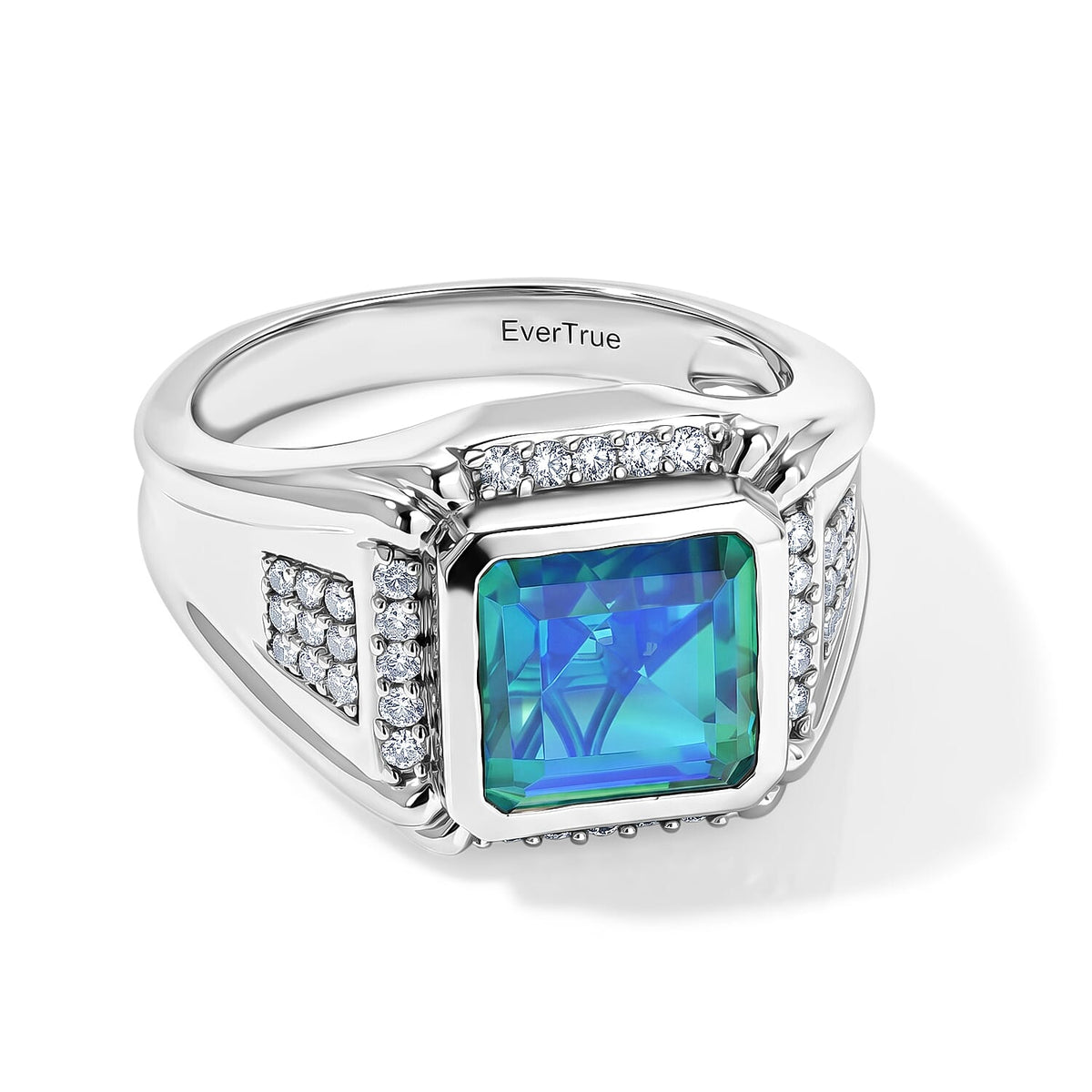 EverTrue Peacock Quartz, White Zircon Men''s Ring in Platinum Bond (Size 10.0) 6.30 ctw