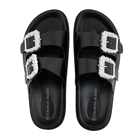 Kristal Black Double Strap Metal Buckle Sandal - 7