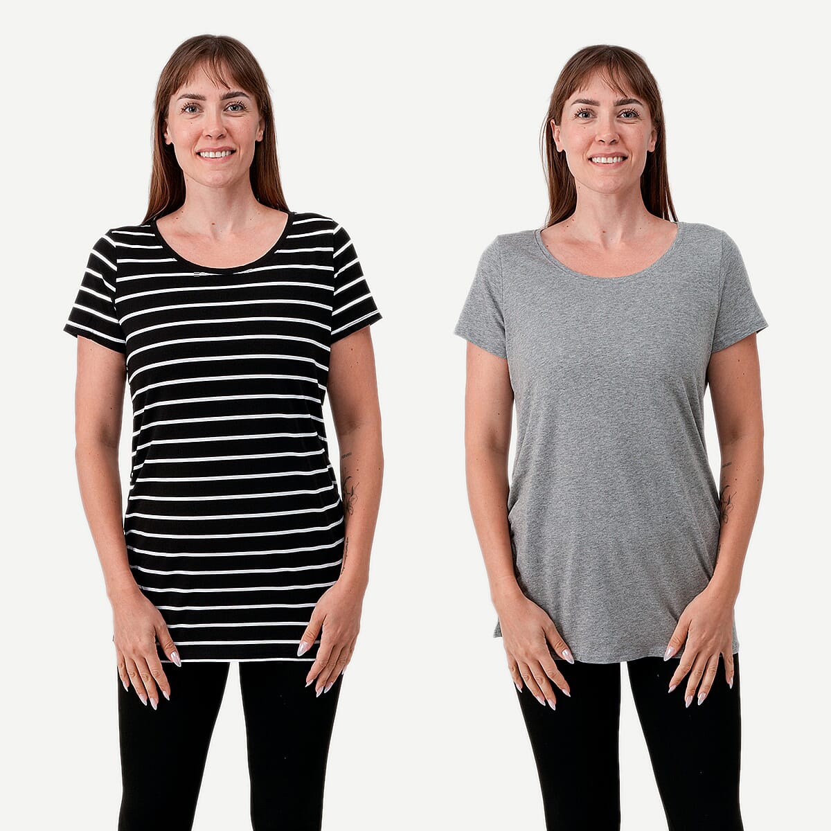 La Marey - Set of 2 Mint and Gray Stripe Side Rushing Short Sleeve Tops - Large