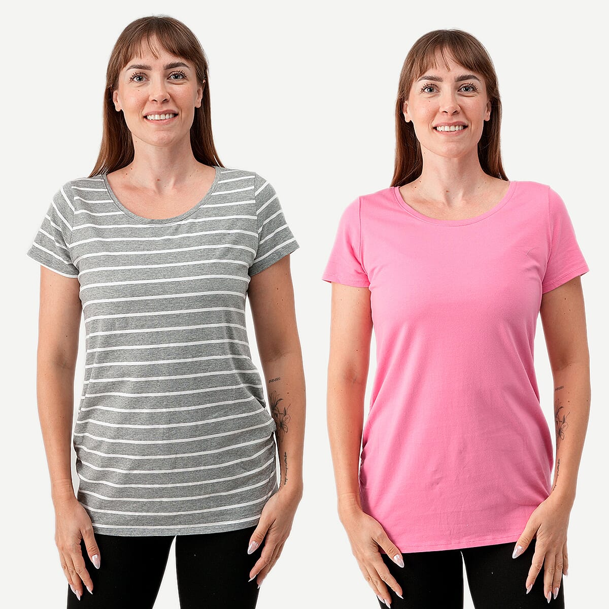 La Marey - Set of 2 Mint and Gray Stripe Side Rushing Short Sleeve Tops - Large