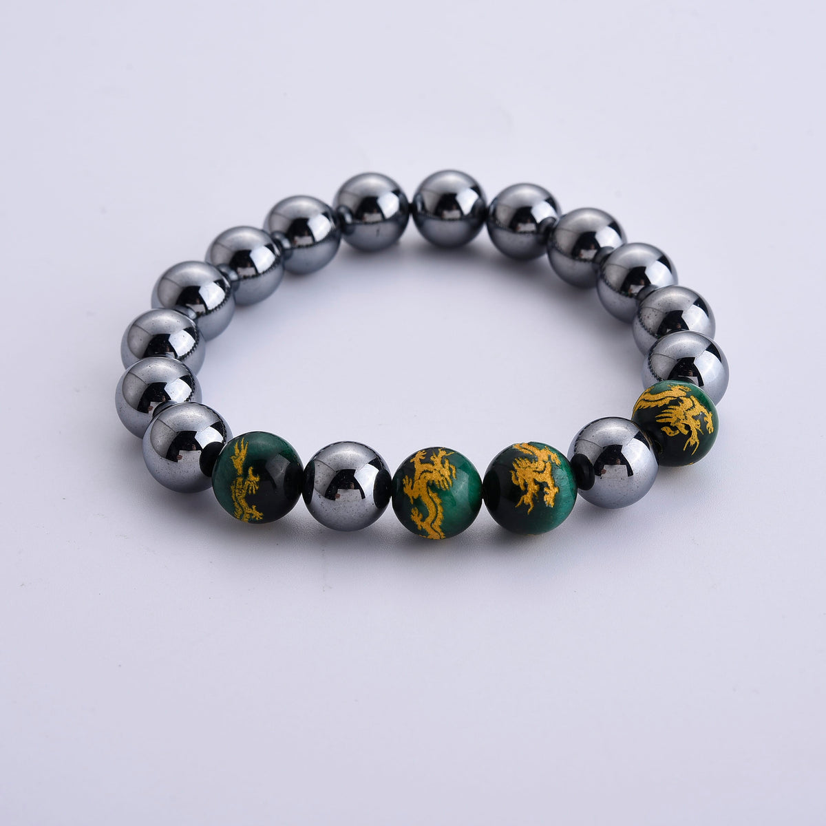 Enhanced Green Tigers Eye and Terahertz Beaded Stretch Bracelet 150.00 ctw