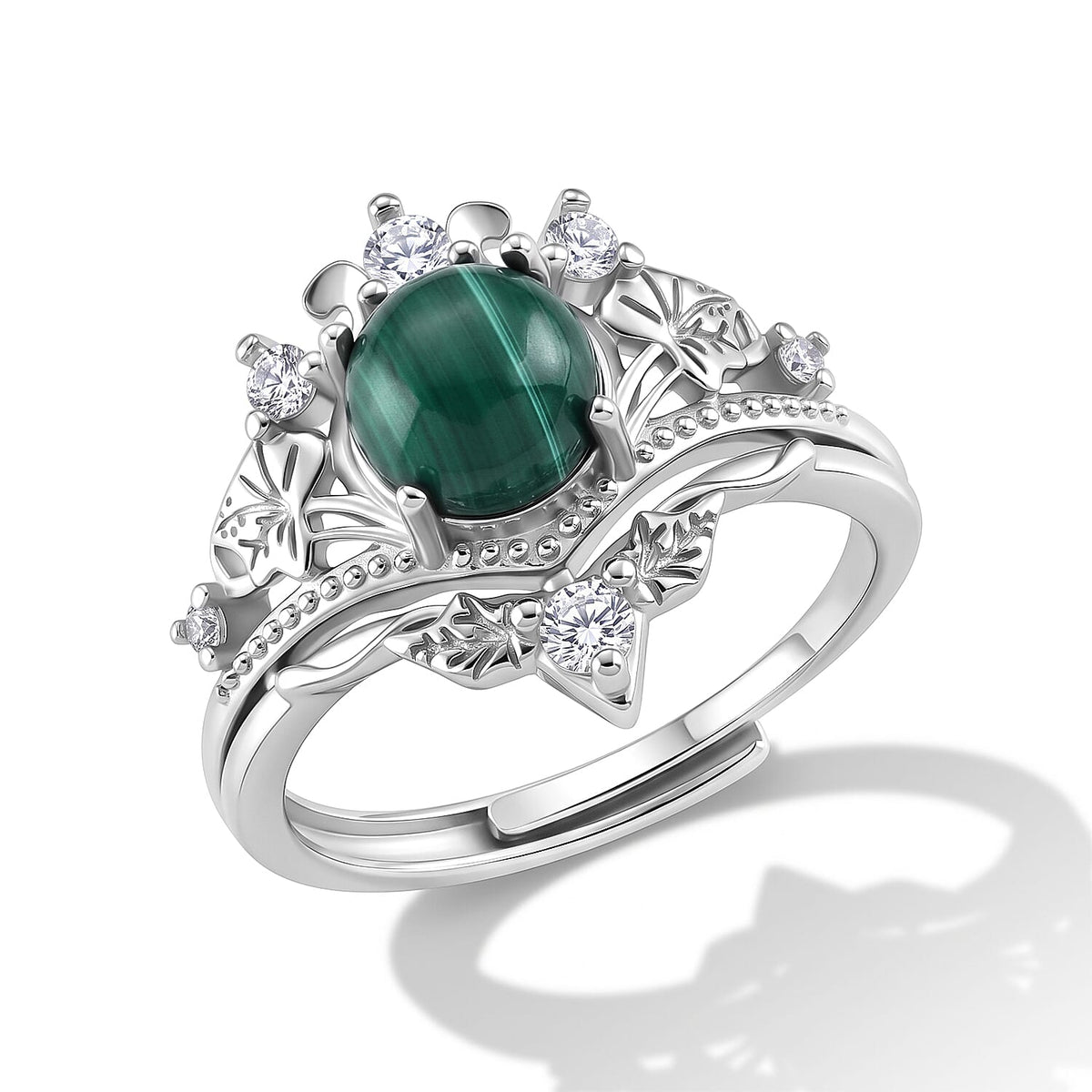 African Malachite and Simulated Diamond Ring in Silvertone (Adjustable) 4.00 ctw