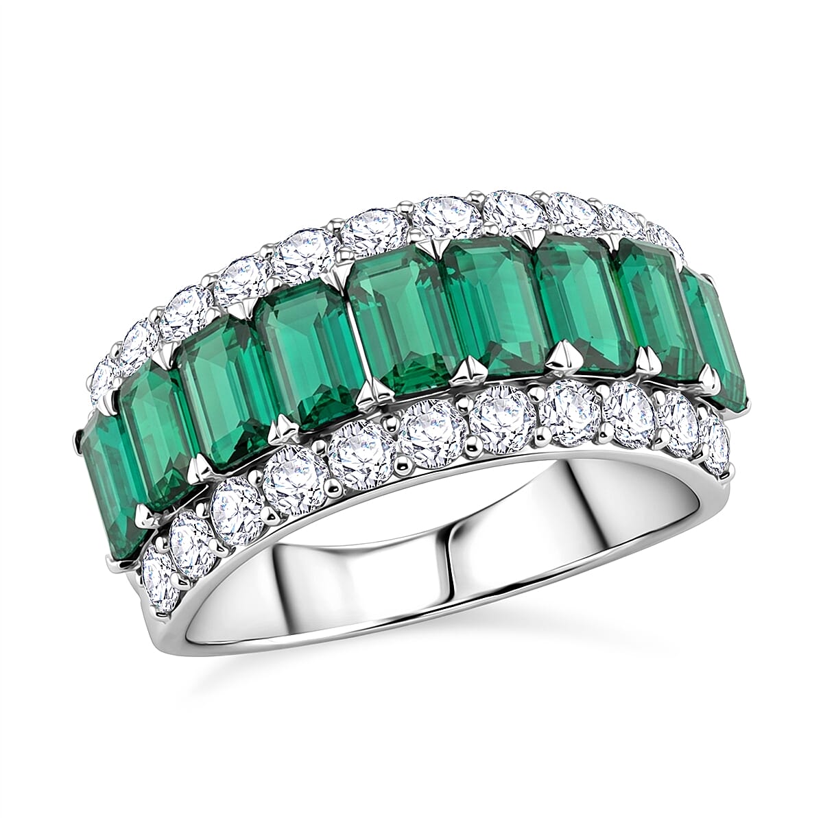 Lab Grown Emerald and Lab Grown Diamond SI1 3.10 ctw Ring in Sterling Silver (Size 10.0)