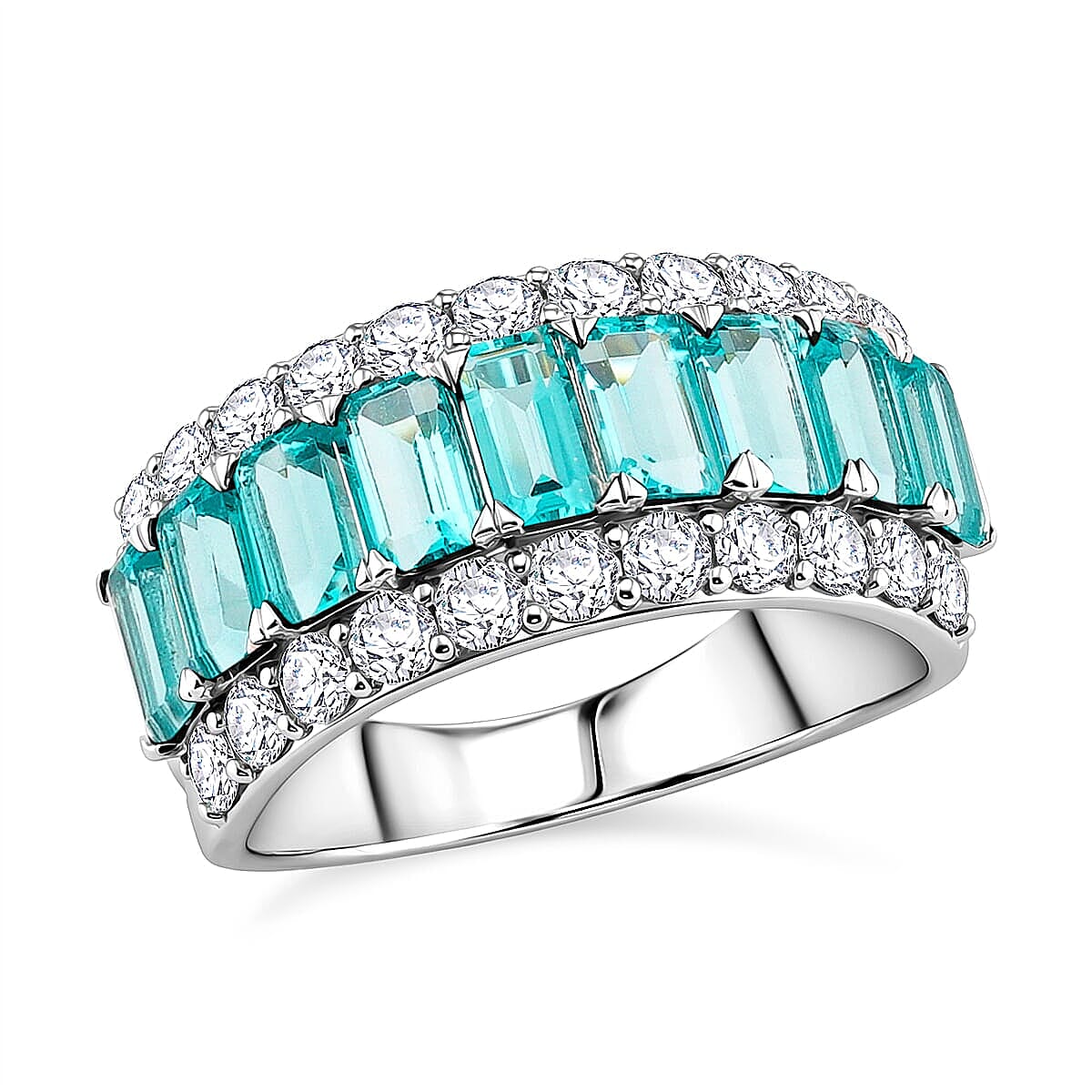 Lab Grown Paraiba Sapphire, Lab Grown Diamond (SI1) Ring in Sterling Silver (Size 8.0) 3.58 ctw