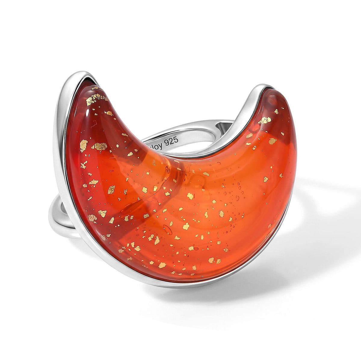 D''Joy Red Murano Style Moon Shape Ring in Rhodium Over Sterling Silver (Size 10.0)
