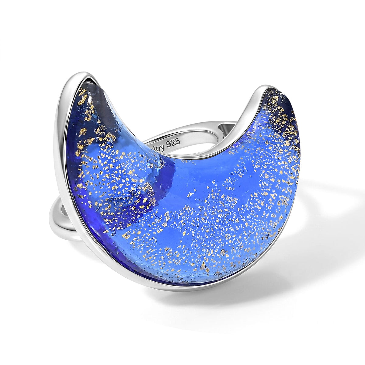 D''Joy Red Murano Style Moon Shape Ring in Rhodium Over Sterling Silver (Size 10.0)