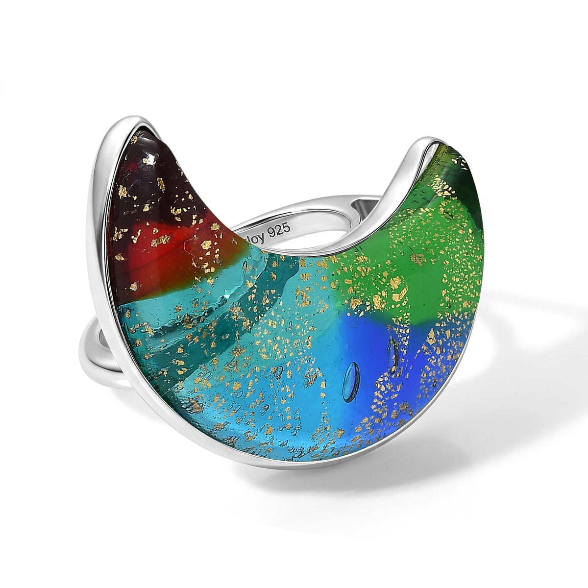 D''Joy Red Murano Style Moon Shape Ring in Rhodium Over Sterling Silver (Size 10.0)