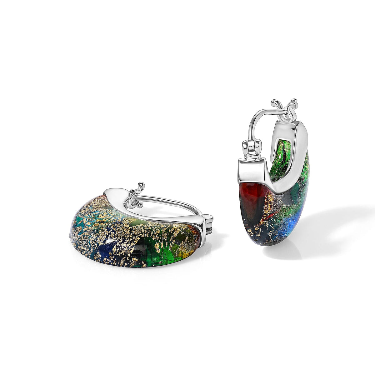 D''Joy Multi Murano Style Cresent Moon Earrings in Rhodium Over Sterling Silver